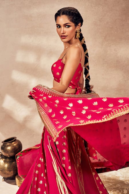 Masaba_Pink Silk, Organza Foil Printing, Whispering Lily Kalidar Lehenga Set _Online_at_Aza_Fashions