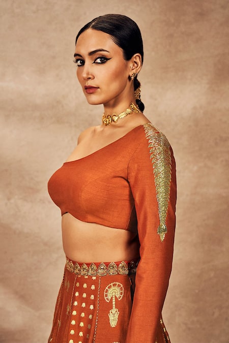 Buy_Masaba_Red Silk Embroidery, Foil Printing One Traveller Palm Kalidar Lehenga Set _Online_at_Aza_Fashions