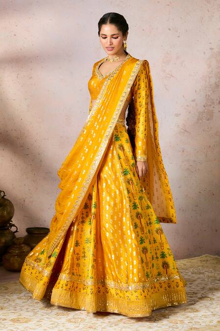 Masaba Yellow Silk, Organza Foil Printing, Pixie Dust Nomadic Tribe Lehenga Set Online at Aza Fashions Masaba_Yellow Silk, Organza Foil Printing, Pixie Dust Nomadic Tribe Lehenga Set_Online_at_Aza_Fashions