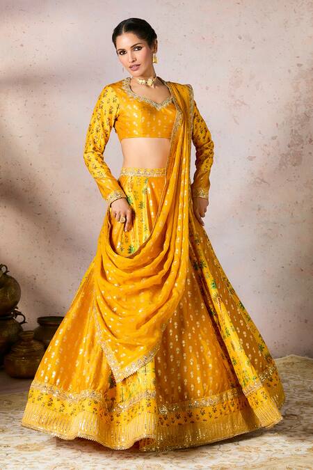 Shop Masaba Yellow Silk, Organza Foil Printing, Pixie Dust Nomadic Tribe Lehenga Set Online at Aza Fashions Shop_Masaba_Yellow Silk, Organza Foil Printing, Pixie Dust Nomadic Tribe Lehenga Set_Online_at_Aza_Fashions