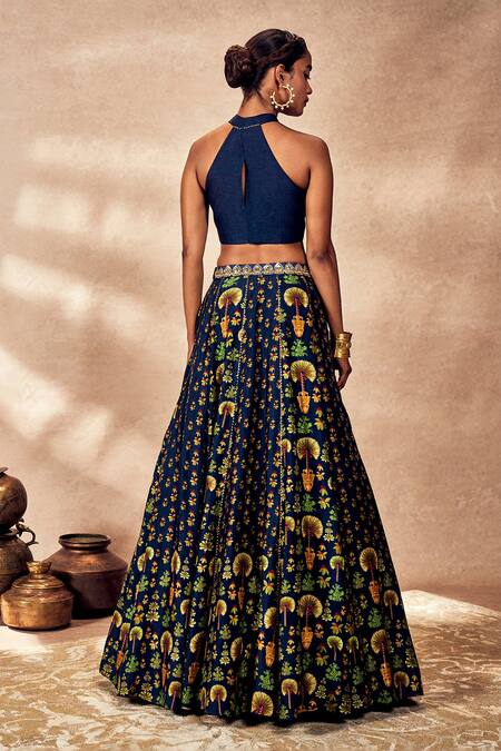 Shop Masaba Blue Silk Embroidery Halter Neck Nomadic Tribe Print Kalidar Lehenga Set at Aza Fashions Shop_Masaba_Blue Silk Embroidery Halter Neck Nomadic Tribe Print Kalidar Lehenga Set_at_Aza_Fashions