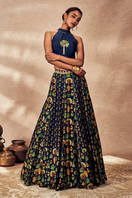 Masaba Blue Silk Embroidery Halter Neck Nomadic Tribe Print Kalidar Lehenga Set Online at Aza Fashions Masaba_Blue Silk Embroidery Halter Neck Nomadic Tribe Print Kalidar Lehenga Set_Online_at_Aza_Fashions