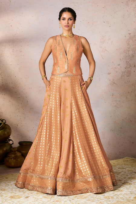 Masaba Peach Raw Silk Print Foil V Neck Palmscape Hamsa Trinkets Kalidar Lehenga Set 