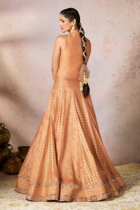 Shop Masaba Peach Silk Foil Printing Palmscape Hamsa Trinkets Kalidar Lehenga Set at Aza Fashions Shop_Masaba_Peach Silk Foil Printing Palmscape Hamsa Trinkets Kalidar Lehenga Set_at_Aza_Fashions