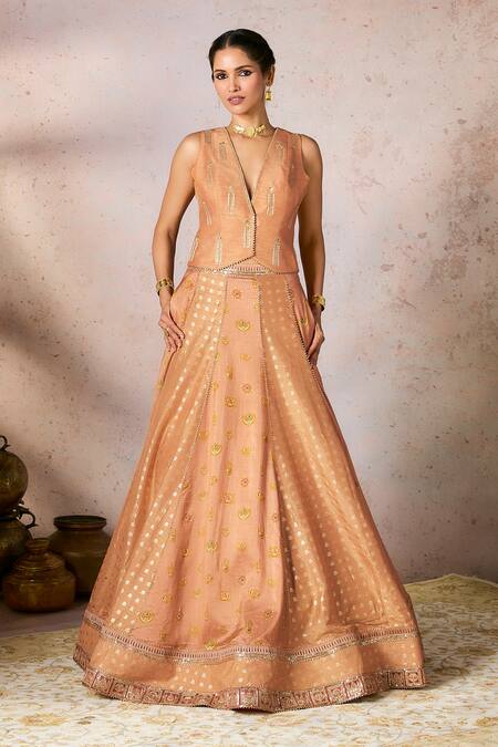 Masaba Peach Silk Foil Printing Palmscape Hamsa Trinkets Kalidar Lehenga Set Online at Aza Fashions Masaba_Peach Silk Foil Printing Palmscape Hamsa Trinkets Kalidar Lehenga Set_Online_at_Aza_Fashions