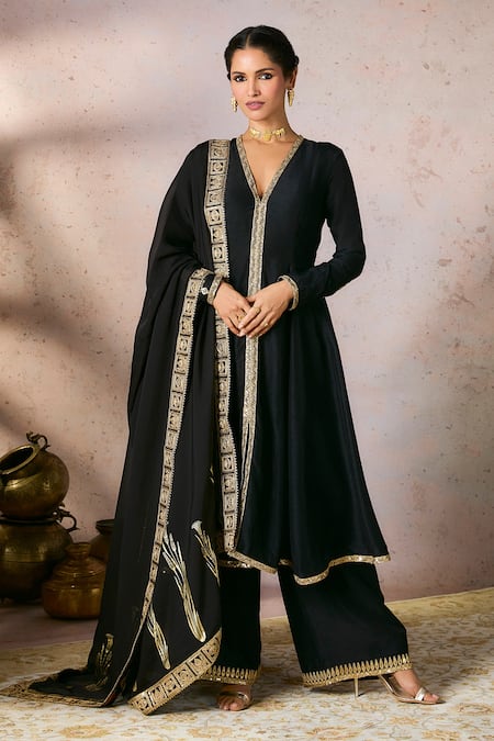 Masaba Black Kurta And Pant Raw Silk Embroidered Sequin Whispering Lily A-line Set 