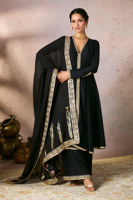 Masaba_Black Organza, Silk Sequins, Embroidery Whispering Lily A-line Kurta Pant Set_Online_at_Aza_Fashions