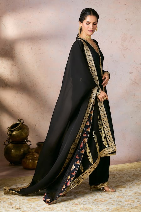 Buy_Masaba_Black Organza, Silk Sequins, Embroidery Whispering Lily A-line Kurta Pant Set_Online_at_Aza_Fashions