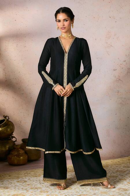 Masaba_Black Organza, Silk Sequins, Embroidery Whispering Lily A-line Kurta Pant Set_at_Aza_Fashions