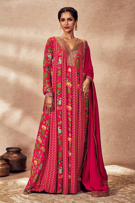 Masaba_Pink Crepe, Silk, Organza Tropical Rhapsody Print Anarkali With Dupatta _Online_at_Aza_Fashions