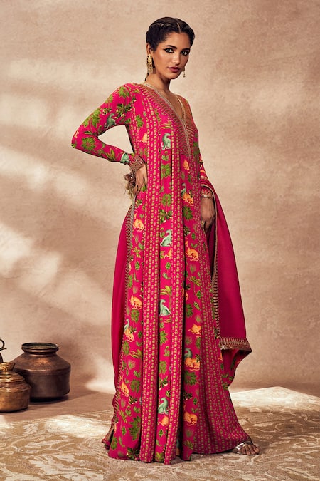Buy_Masaba_Pink Crepe, Silk, Organza Tropical Rhapsody Print Anarkali With Dupatta _Online_at_Aza_Fashions