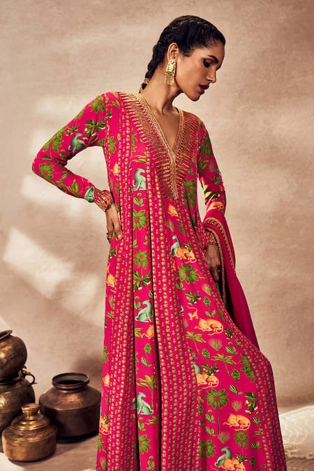 Shop_Masaba_Pink Crepe, Silk, Organza Tropical Rhapsody Print Anarkali With Dupatta _Online_at_Aza_Fashions