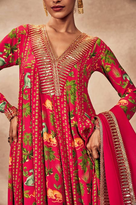 Masaba_Pink Crepe, Silk, Organza Tropical Rhapsody Print Anarkali With Dupatta _at_Aza_Fashions