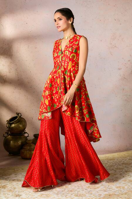 Buy Masaba Red Silk Gota Patti V-neck Nomadic Tribe Printed Asymmetric Tunic And Sharara Set Online at Aza Fashions Buy_Masaba_Red Silk Gota Patti V-neck Nomadic Tribe Printed Asymmetric Tunic And Sharara Set_Online_at_Aza_Fashions