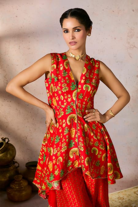 Shop Masaba Red Silk Gota Patti V-neck Nomadic Tribe Printed Asymmetric Tunic And Sharara Set Online at Aza Fashions Shop_Masaba_Red Silk Gota Patti V-neck Nomadic Tribe Printed Asymmetric Tunic And Sharara Set_Online_at_Aza_Fashions