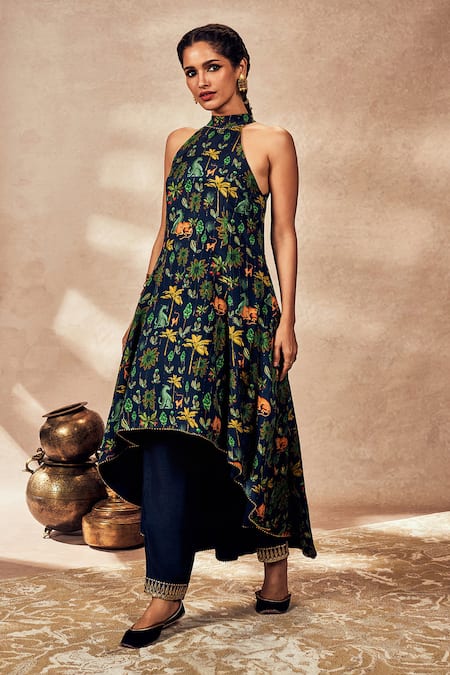 Masaba_Blue Silk Lace, Embroidery Tropical Rhapsody Asymmetric Printed Tunic And Pant Set_Online_at_Aza_Fashions