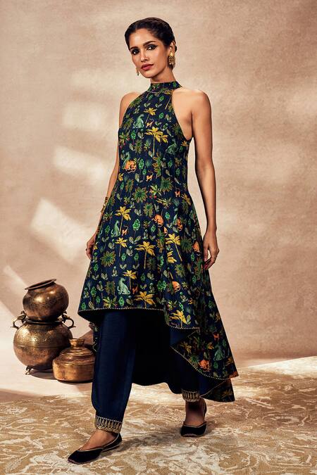Buy_Masaba_Blue Silk Lace, Embroidery Tropical Rhapsody Asymmetric Printed Tunic And Pant Set_Online_at_Aza_Fashions