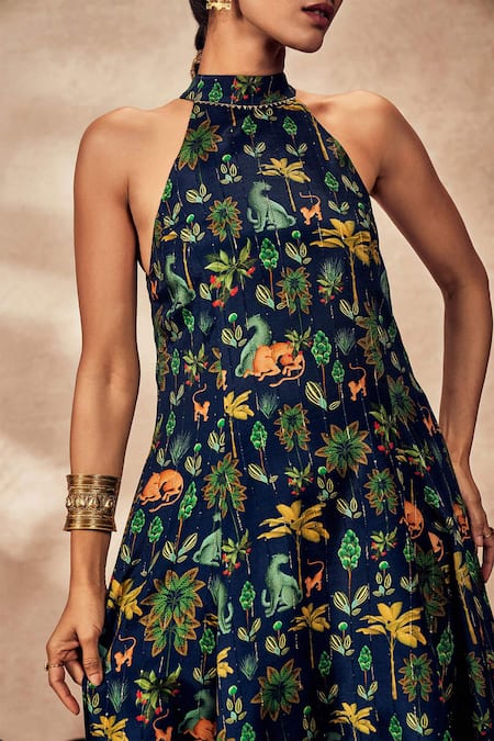 Shop_Masaba_Blue Silk Lace, Embroidery Tropical Rhapsody Asymmetric Printed Tunic And Pant Set_Online_at_Aza_Fashions