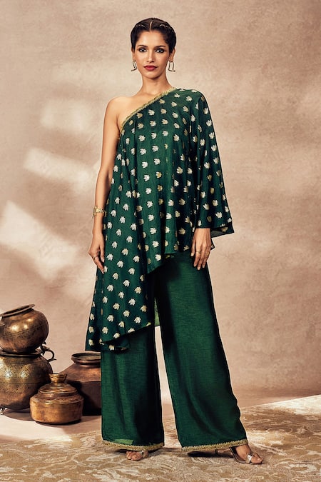 Masaba Palmscape One-Shoulder Embroidered Tunic & Pant Set 