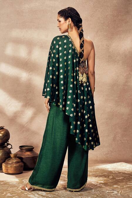 Shop Masaba Green Silk Embroidery One Shoulder Palmscape Tunic And Pant Set at Aza Fashions Shop_Masaba_Green Silk Embroidery One Shoulder Palmscape Tunic And Pant Set_at_Aza_Fashions