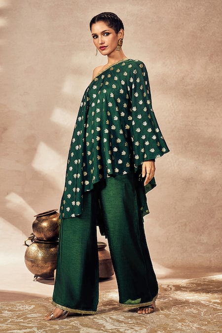 Masaba Green Silk Embroidery One Shoulder Palmscape Tunic And Pant Set Online at Aza Fashions Masaba_Green Silk Embroidery One Shoulder Palmscape Tunic And Pant Set_Online_at_Aza_Fashions