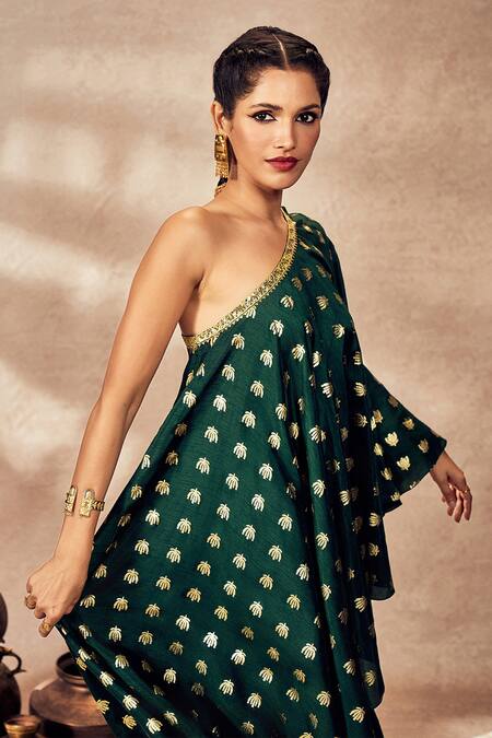 Buy Masaba Green Silk Embroidery One Shoulder Palmscape Tunic And Pant Set Online at Aza Fashions Buy_Masaba_Green Silk Embroidery One Shoulder Palmscape Tunic And Pant Set_Online_at_Aza_Fashions