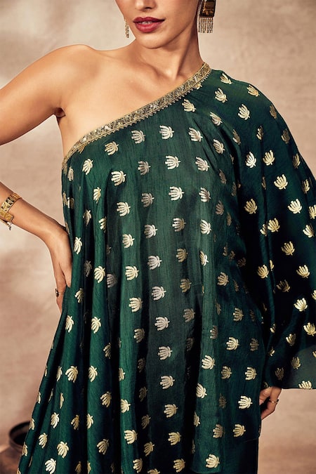 Shop Masaba Green Silk Embroidery One Shoulder Palmscape Tunic And Pant Set Online at Aza Fashions Shop_Masaba_Green Silk Embroidery One Shoulder Palmscape Tunic And Pant Set_Online_at_Aza_Fashions
