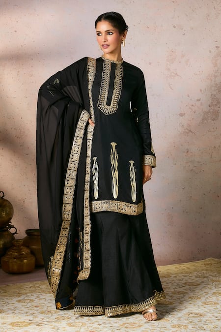 Masaba_Black Silk, Organza Sequins, Embroidery Round Whispering Lily Kurta Sharara Set _Online_at_Aza_Fashions