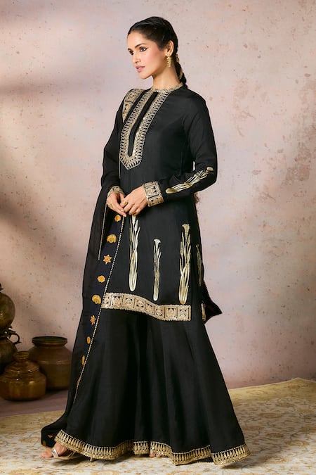 Buy_Masaba_Black Silk, Organza Sequins, Embroidery Round Whispering Lily Kurta Sharara Set _Online_at_Aza_Fashions