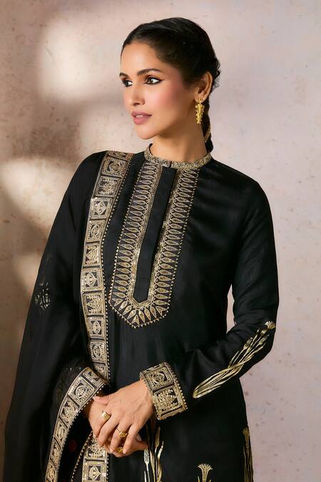Shop_Masaba_Black Silk, Organza Sequins, Embroidery Round Whispering Lily Kurta Sharara Set _Online_at_Aza_Fashions