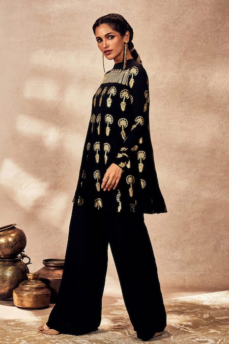 Shop_Masaba_Black Crepe, Silk Sequins, Travellers Palm Print Tunic And Straight Pant _Online_at_Aza_Fashions
