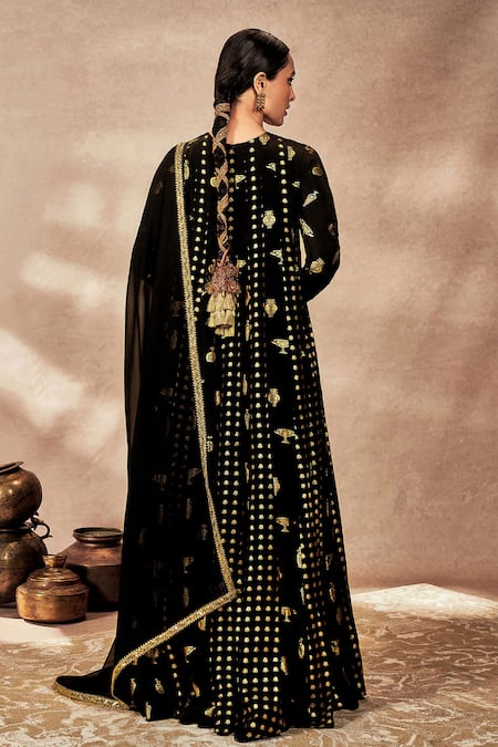 Shop_Masaba_Black Crepe, Silk, Georgette Embroidery, Foil Printing, Anarkali With Dupatta _at_Aza_Fashions