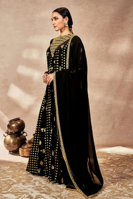 Masaba_Black Crepe, Silk, Georgette Embroidery, Foil Printing, Anarkali With Dupatta _Online_at_Aza_Fashions
