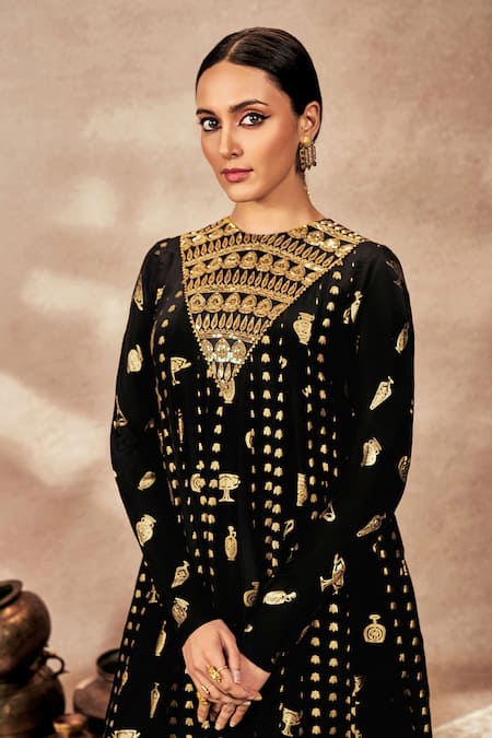 Masaba_Black Crepe, Silk, Georgette Embroidery, Foil Printing, Anarkali With Dupatta _at_Aza_Fashions