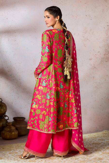 Shop_Masaba_Pink Silk, Organza Embroidery, Lace Tropical Rhapsody Printed Tunic Pant Set_at_Aza_Fashions