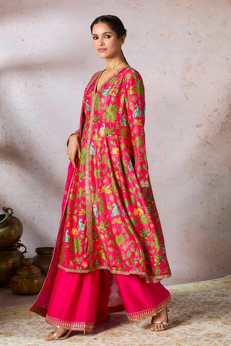 Buy_Masaba_Pink Silk, Organza Embroidery, Lace Tropical Rhapsody Printed Tunic Pant Set_Online_at_Aza_Fashions