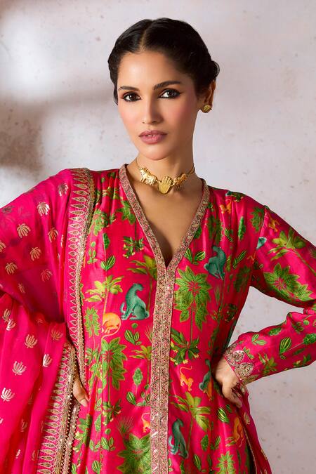 Masaba_Pink Silk, Organza Embroidery, Lace Tropical Rhapsody Printed Tunic Pant Set_at_Aza_Fashions