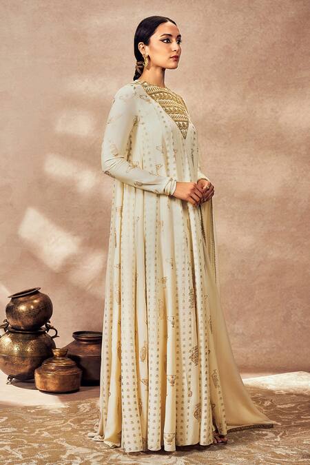 Masaba Ivory Crepe, Silk, Georgette Embroidery, Foil Print Anarkali With Dupatta Online at Aza Fashions Masaba_Ivory Crepe, Silk, Georgette Embroidery, Foil Print Anarkali With Dupatta_Online_at_Aza_Fashions