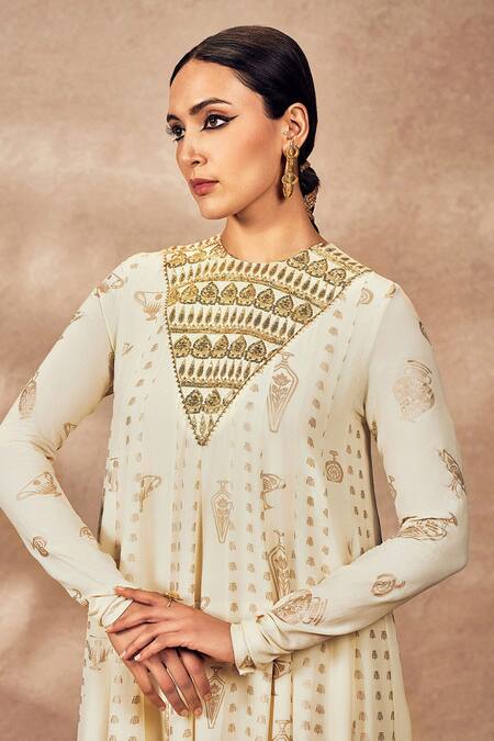 Shop Masaba Ivory Crepe, Silk, Georgette Embroidery, Foil Print Anarkali With Dupatta Online at Aza Fashions Shop_Masaba_Ivory Crepe, Silk, Georgette Embroidery, Foil Print Anarkali With Dupatta_Online_at_Aza_Fashions