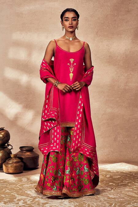 Masaba_Pink Silk, Organza Sequins, Embroidery Placement Foil Print Tunic Sharara Set _Online_at_Aza_Fashions