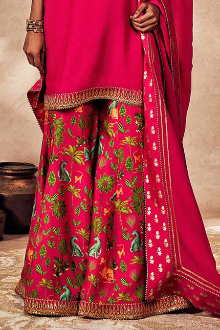 Buy_Masaba_Pink Silk, Organza Sequins, Embroidery Placement Foil Print Tunic Sharara Set _Online_at_Aza_Fashions