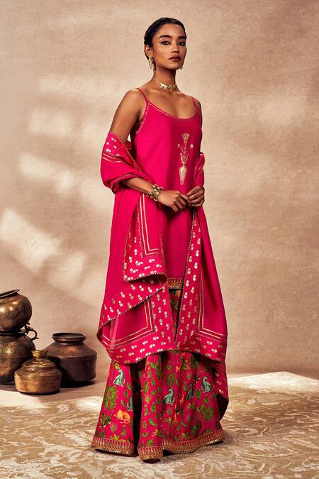 Masaba_Pink Silk, Organza Sequins, Embroidery Placement Foil Print Tunic Sharara Set _at_Aza_Fashions