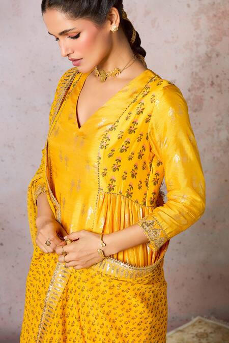 Shop_Masaba_Yellow Silk, Organza Embroidery V-neck Mystic Kurta Pant Set_Online_at_Aza_Fashions