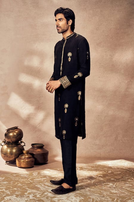 Buy Masaba Black Jacquard, Silk Embroidery Travellers Kurta And Pant Set Online at Aza Fashions Buy_Masaba_Black Jacquard, Silk Embroidery Travellers Kurta And Pant Set _Online_at_Aza_Fashions