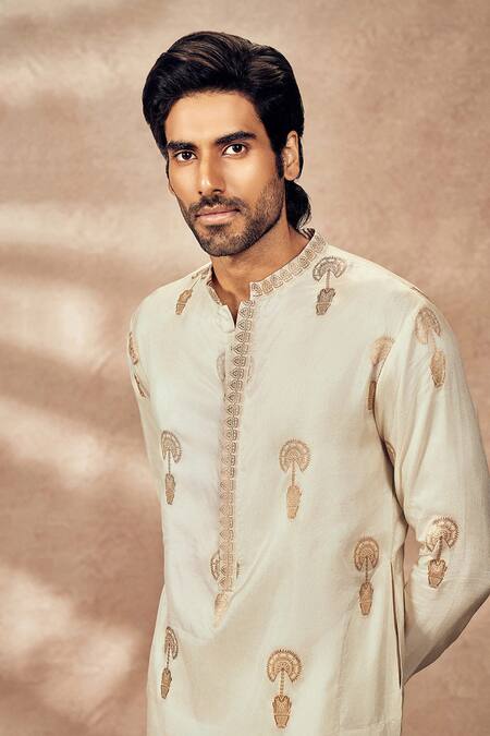 Shop Masaba Ivory Jacquard, Silk Embroidery Travellers Kurta And Pant Set Online at Aza Fashions Shop_Masaba_Ivory Jacquard, Silk Embroidery Travellers Kurta And Pant Set _Online_at_Aza_Fashions