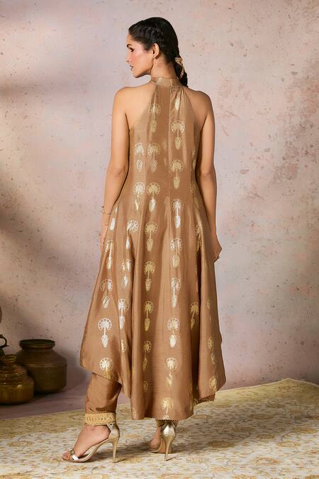 Shop_Masaba_Beige Silk Lace, Embroidery Halter Travellers Palm Foil Print Tunic And Pant Set_at_Aza_Fashions