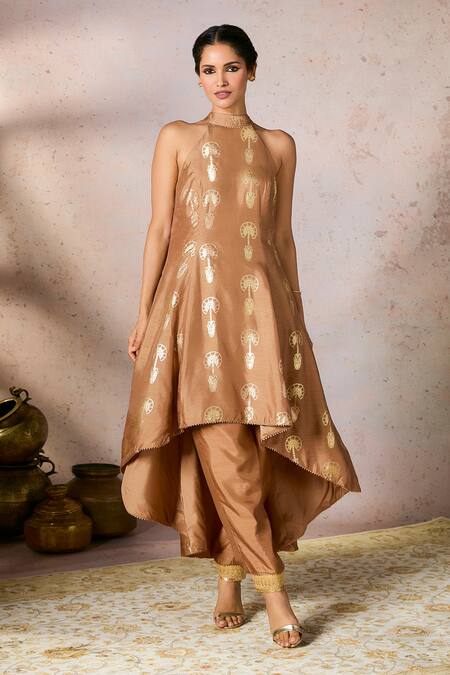 Masaba_Beige Silk Lace, Embroidery Halter Travellers Palm Foil Print Tunic And Pant Set_Online_at_Aza_Fashions