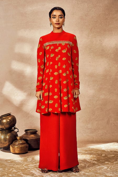 Masaba Red Crepe Silk Printed Trinket High Neck Anarkali Tunic And Pant Set 