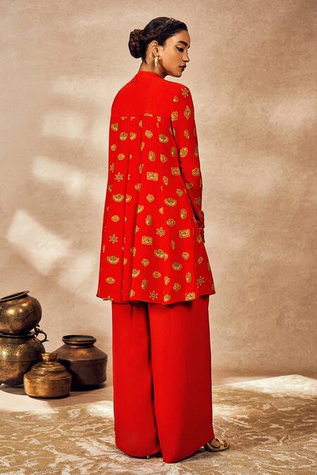 Shop_Masaba_Red Crepe, Silk Sequins, Embroidery Trinkets Printed Anarkali Tunic And Pant Set_at_Aza_Fashions