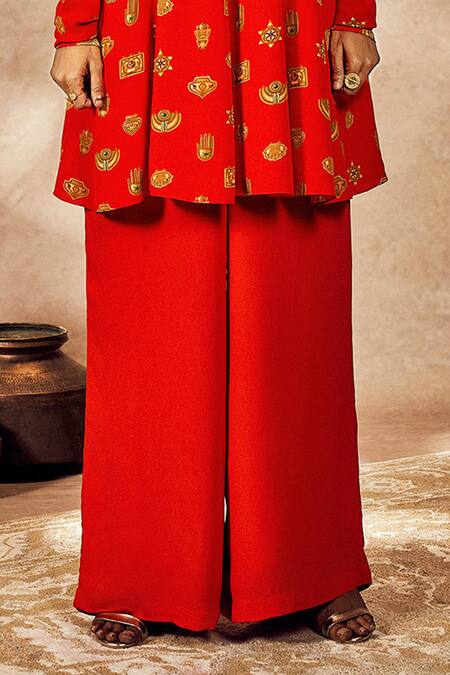 Masaba_Red Crepe, Silk Sequins, Embroidery Trinkets Printed Anarkali Tunic And Pant Set_Online_at_Aza_Fashions